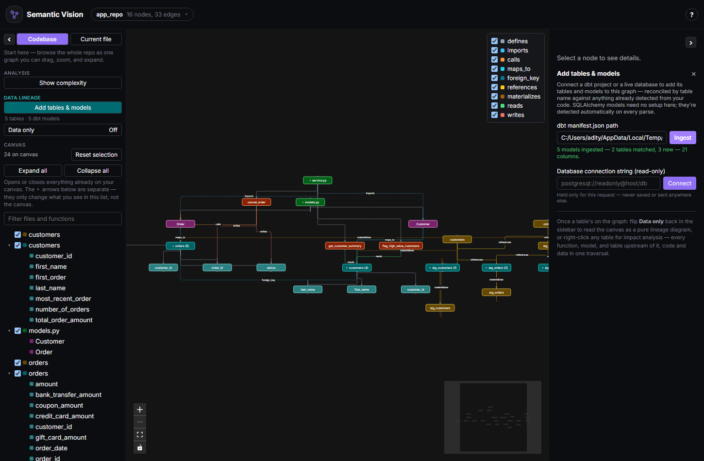Connecting a dbt manifest to a repo, adding table and model nodes to the graph